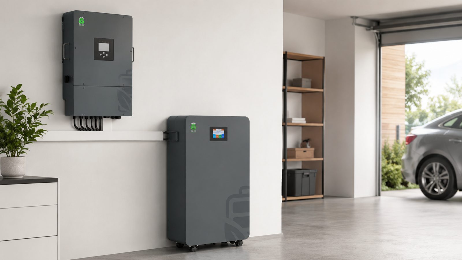 Falownik hybrydowy EcoBSS Flex i magazyn energii EcoBSS Store zamontowane w garażu obok stanowiska na samochód